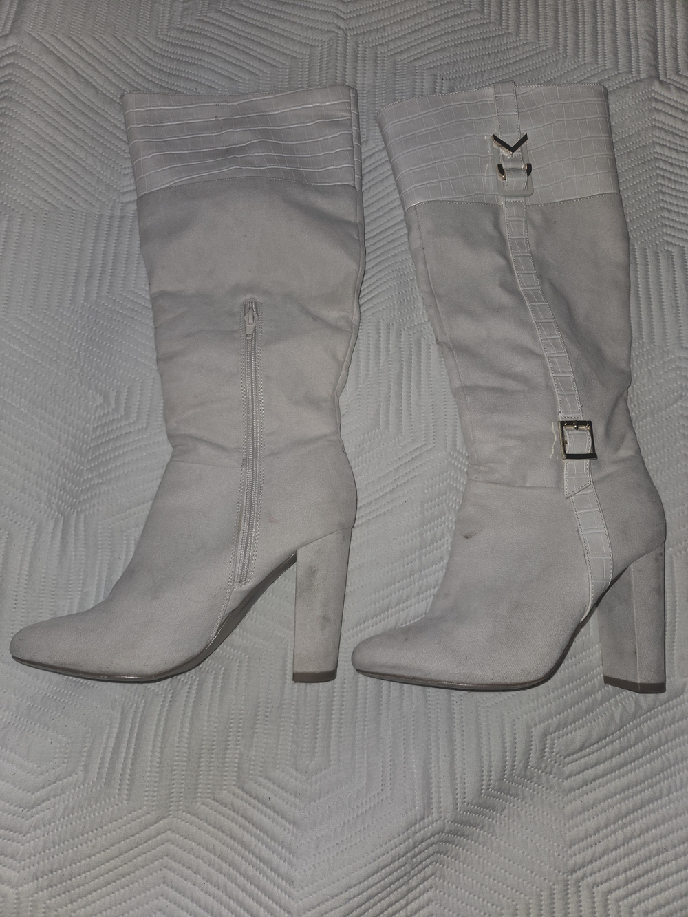 Women's Knee-High Block Heel White Boots